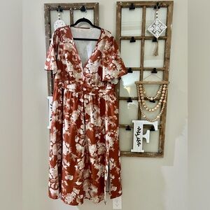 Floral Faux-Wrap Maxi Dress in Rust and Cream